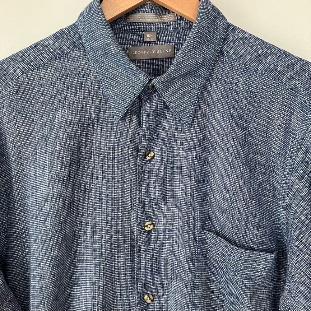 Geoffrey Beene Blue Windowpane Linen Button-Down Shirt